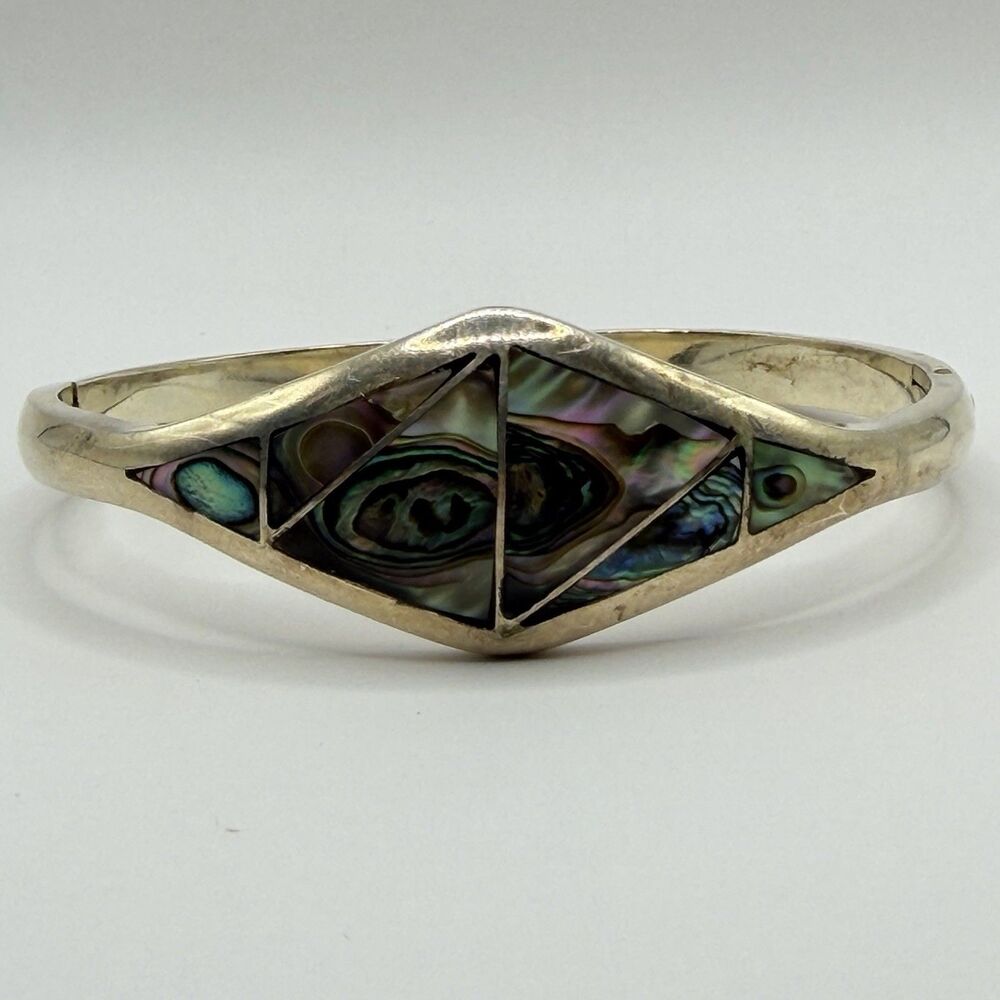 925 Sterling Silver Abalone Shell Inlay Hinged Bangle Bracelet 8" 37.3g